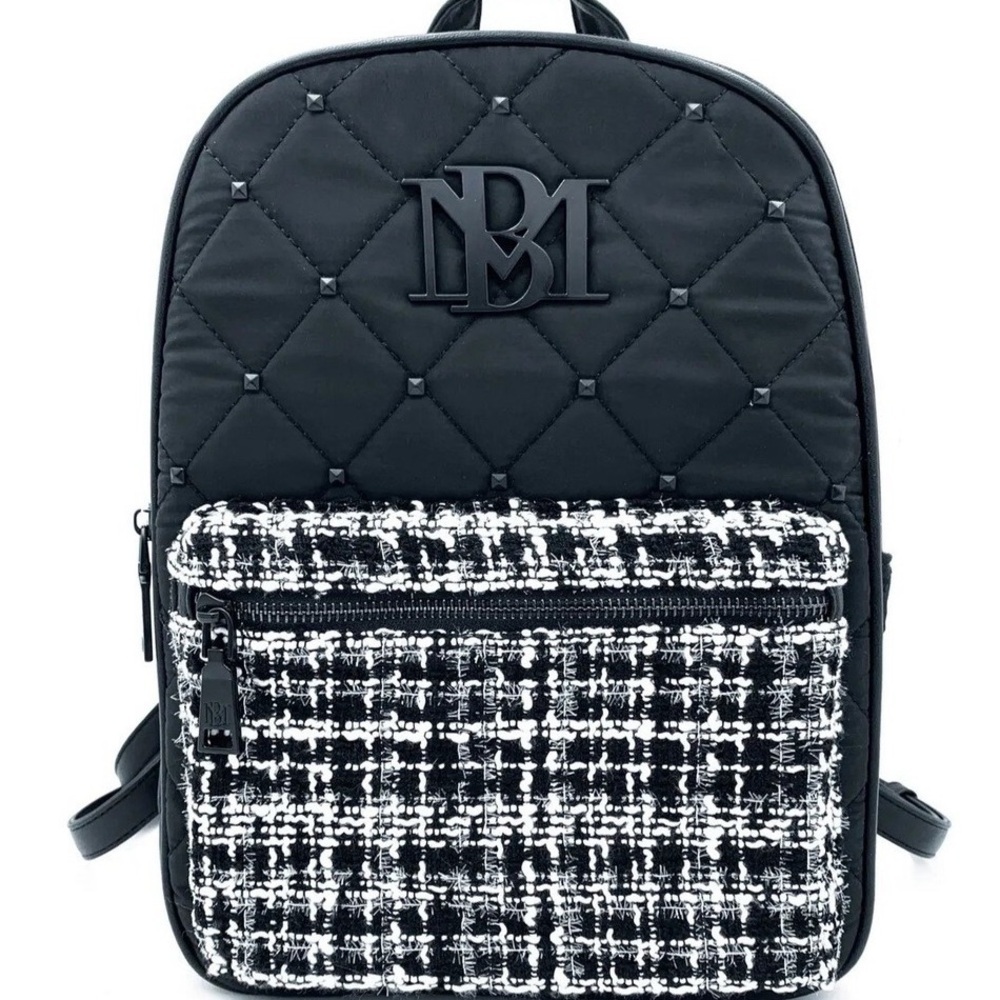 BADGLEY MISCHKA Tweed Diamond Quilted Nylon Backpack NWT Black White MSRP 170